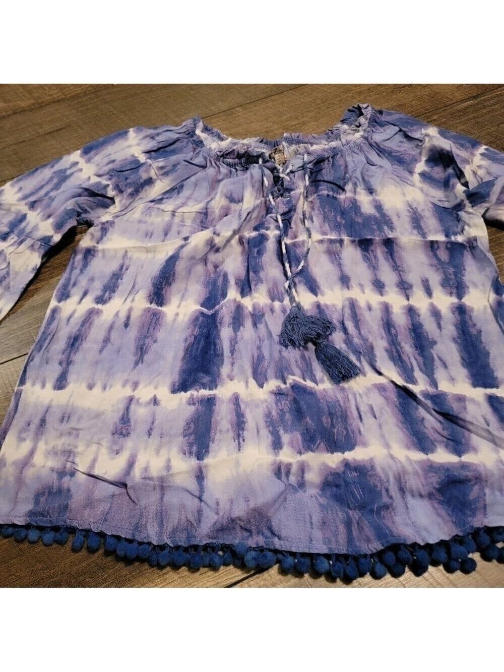 Seven7 Tie-Dye Blue/white with Pom/pom trim 3/4 bell sleeve. Flattering on.